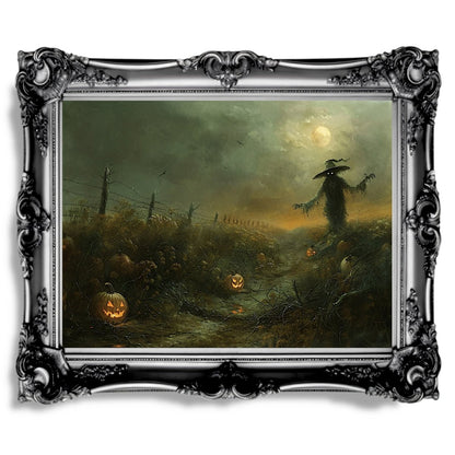 Eerie Pumpkin Field with Scarecrow - Halloween Horror Wall Art Print - Everything Pixel