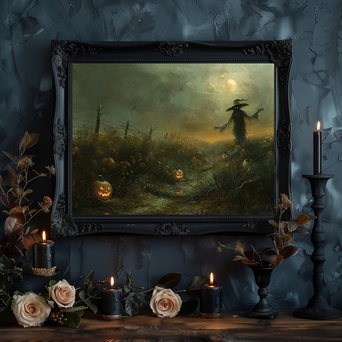 Eerie Pumpkin Field with Scarecrow - Halloween Horror Wall Art Print - Everything Pixel