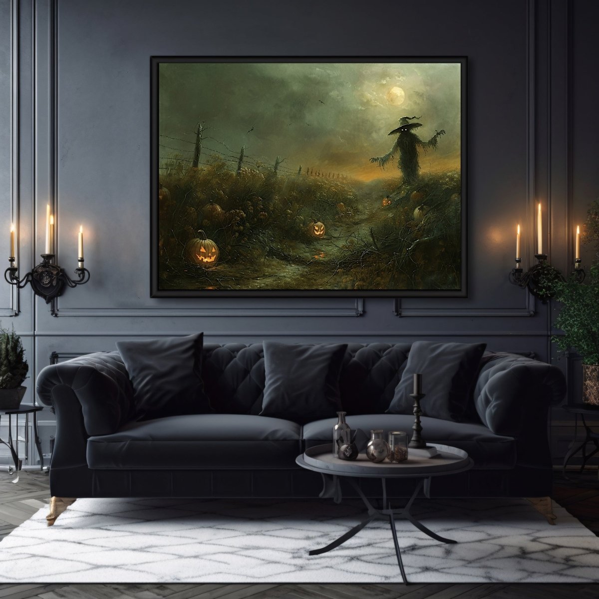 Eerie Pumpkin Field with Scarecrow - Halloween Horror Wall Art Print - Everything Pixel