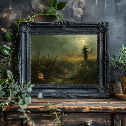 Eerie Pumpkin Field with Scarecrow - Halloween Horror Wall Art Print - Everything Pixel