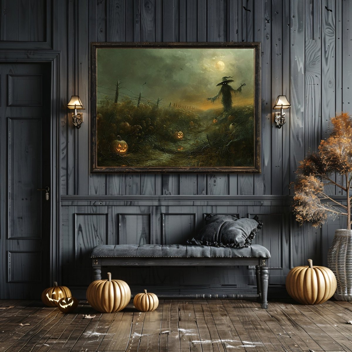 Eerie Pumpkin Field with Scarecrow - Halloween Horror Wall Art Print - Everything Pixel