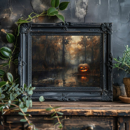 Eerie Pumpkin Swamp Wall Art Print - Gothic Decor, Spooky Autumn, Haunted Woodland, Halloween Art - Everything Pixel