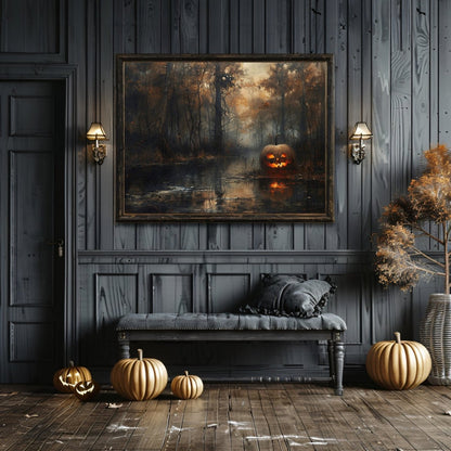 Eerie Pumpkin Swamp Wall Art Print - Gothic Decor, Spooky Autumn, Haunted Woodland, Halloween Art - Everything Pixel