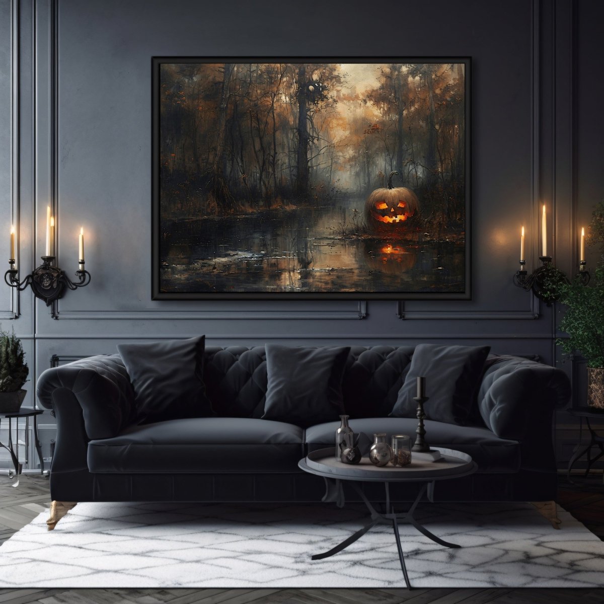 Eerie Pumpkin Swamp Wall Art Print - Gothic Decor, Spooky Autumn, Haunted Woodland, Halloween Art - Everything Pixel