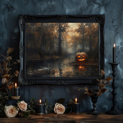 Eerie Pumpkin Swamp Wall Art Print - Gothic Decor, Spooky Autumn, Haunted Woodland, Halloween Art - Everything Pixel