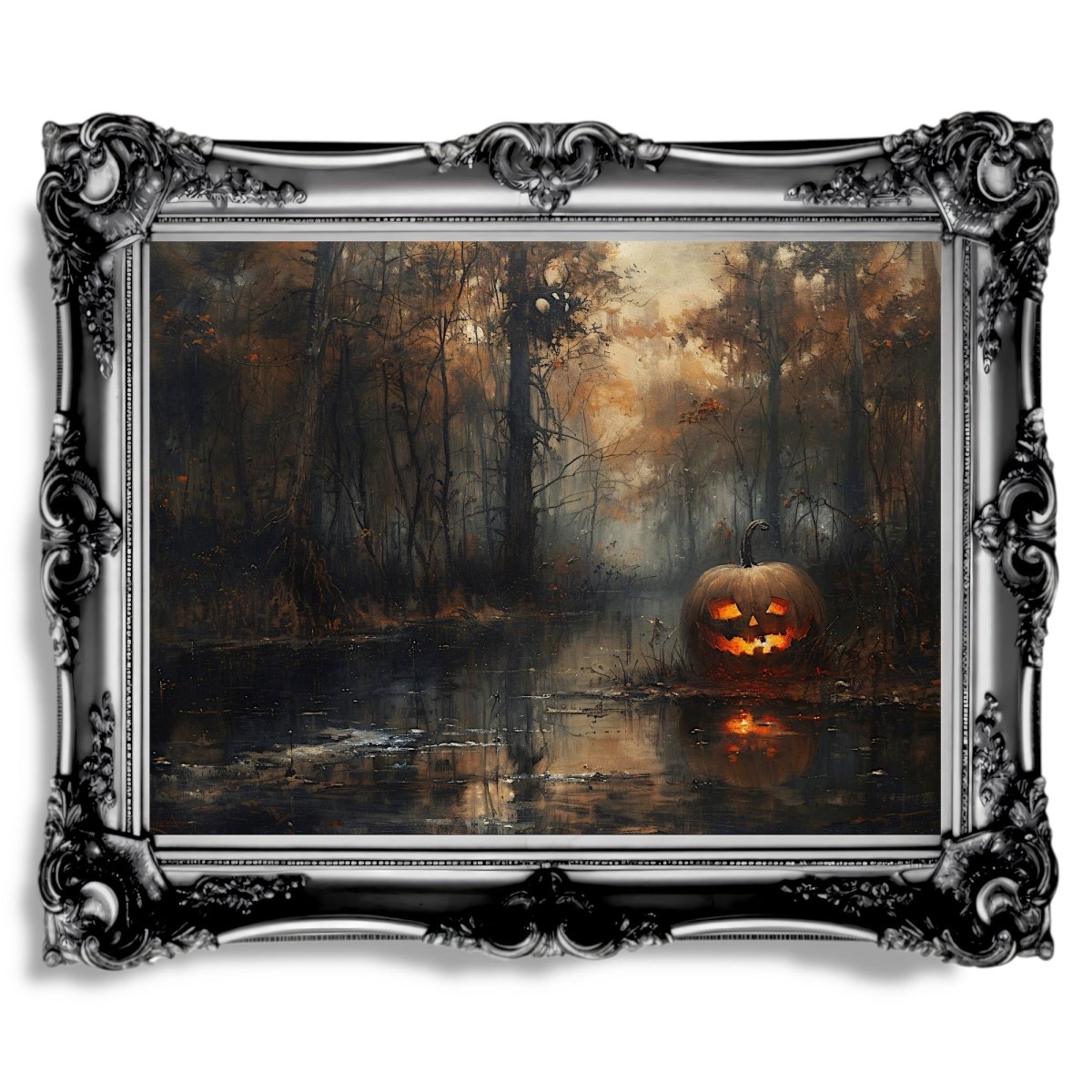 Eerie Pumpkin Swamp Wall Art Print - Gothic Decor, Spooky Autumn, Haunted Woodland, Halloween Art - Everything Pixel