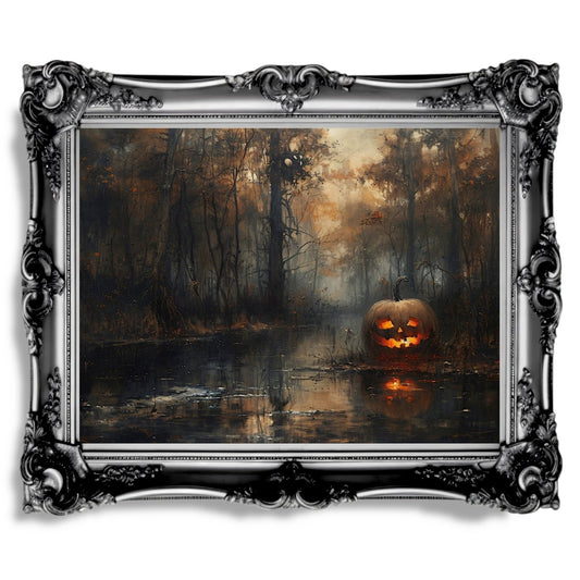 Eerie Pumpkin Swamp Wall Art Print - Gothic Decor, Spooky Autumn, Haunted Woodland, Halloween Art - Everything Pixel