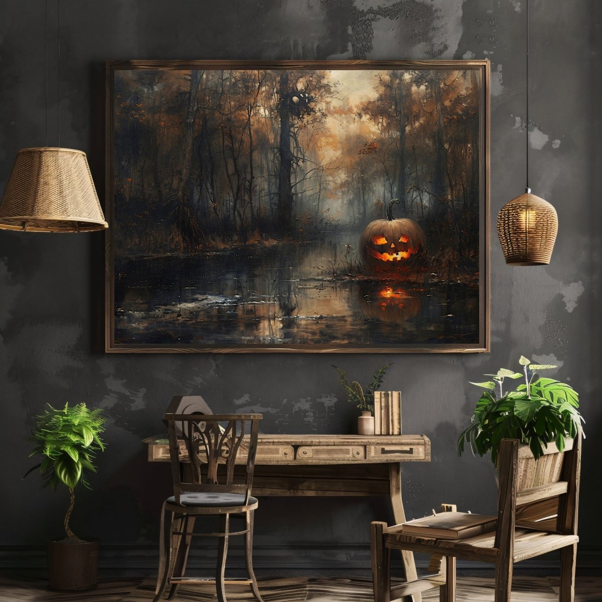 Eerie Pumpkin Swamp Wall Art Print - Gothic Decor, Spooky Autumn, Haunted Woodland, Halloween Art - Everything Pixel