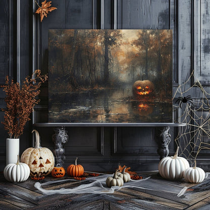 Eerie Pumpkin Woodland Canvas Print - Gothic Decor, Spooky Autumn, Haunted Swamp, Halloween Art - Everything Pixel