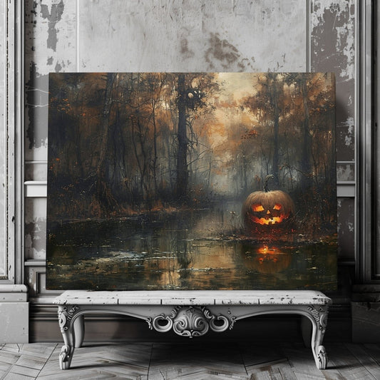 Eerie Pumpkin Woodland Canvas Print - Gothic Decor, Spooky Autumn, Haunted Swamp, Halloween Art - Everything Pixel