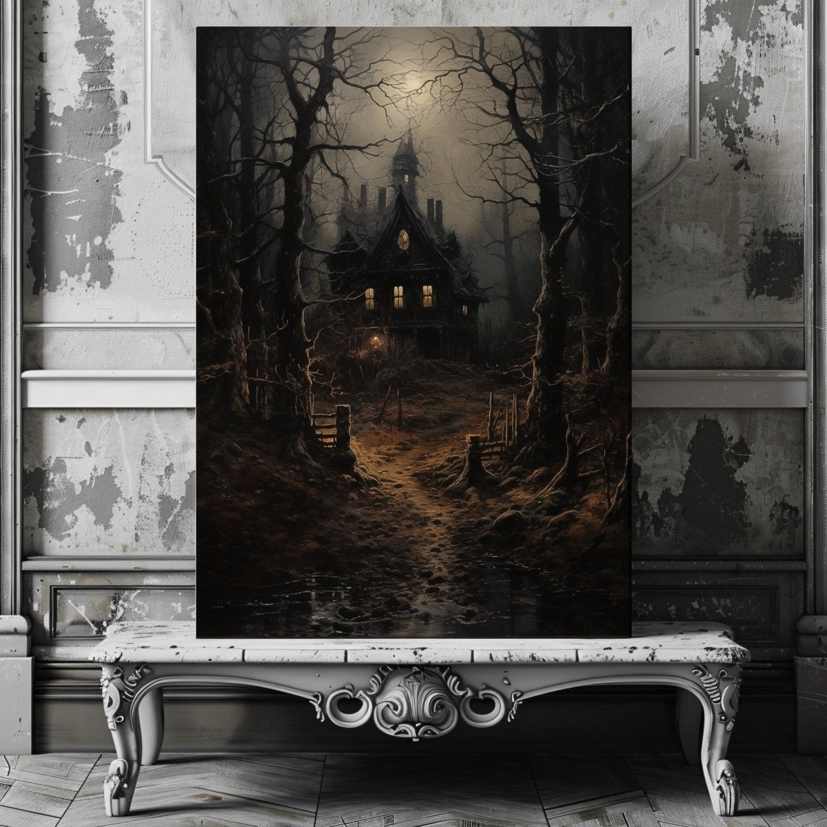 Eerie Witch House Canvas Print - Gothic Decor, Spooky Woodland Scene, Halloween Art - Everything Pixel