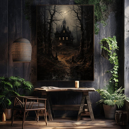 Eerie Witch House Wall Art Print - Gothic Decor, Spooky Woodland Scene, Halloween Art - Everything Pixel