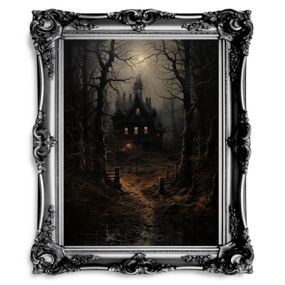 Eerie Witch House Wall Art Print - Gothic Decor, Spooky Woodland Scene, Halloween Art - Everything Pixel