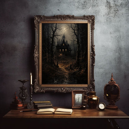 Eerie Witch House Wall Art Print - Gothic Decor, Spooky Woodland Scene, Halloween Art - Everything Pixel