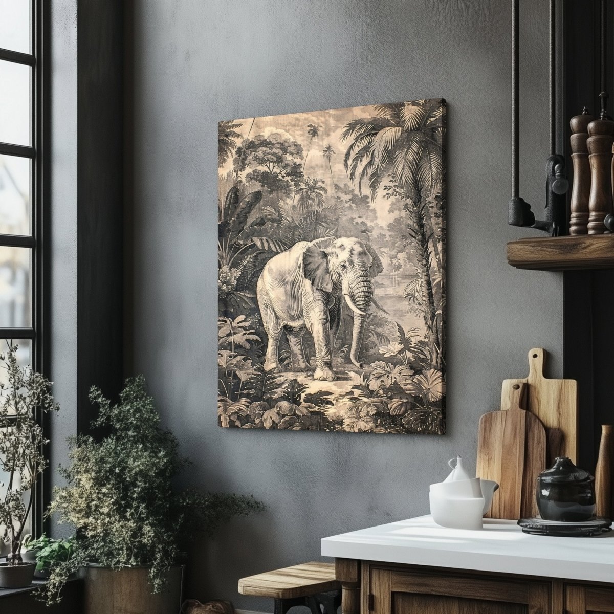 Elephant in Jungle Canvas Print - Tropical Wildlife Safari Art, Monochromatic Vintage Nature Decor - Everything Pixel