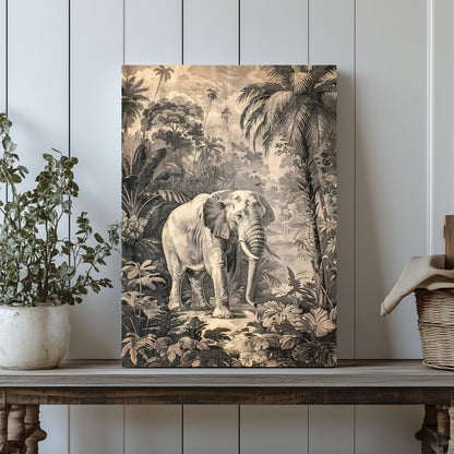 Elephant in Jungle Canvas Print - Tropical Wildlife Safari Art, Monochromatic Vintage Nature Decor - Everything Pixel
