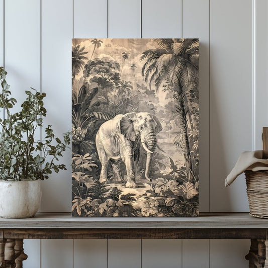 Elephant in Jungle Canvas Print - Tropical Wildlife Safari Art, Monochromatic Vintage Nature Decor - Everything Pixel