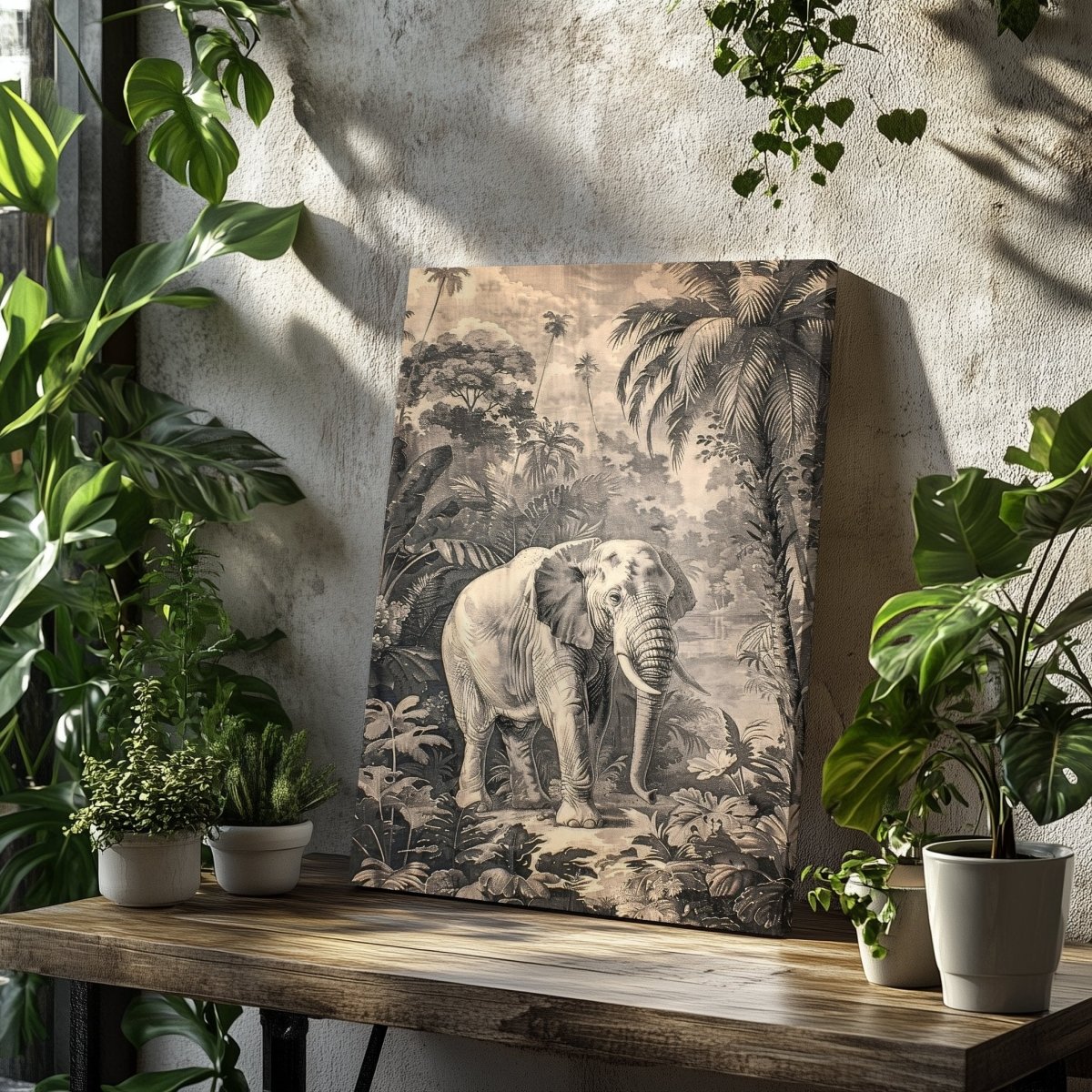 Elephant in Jungle Canvas Print - Tropical Wildlife Safari Art, Monochromatic Vintage Nature Decor - Everything Pixel