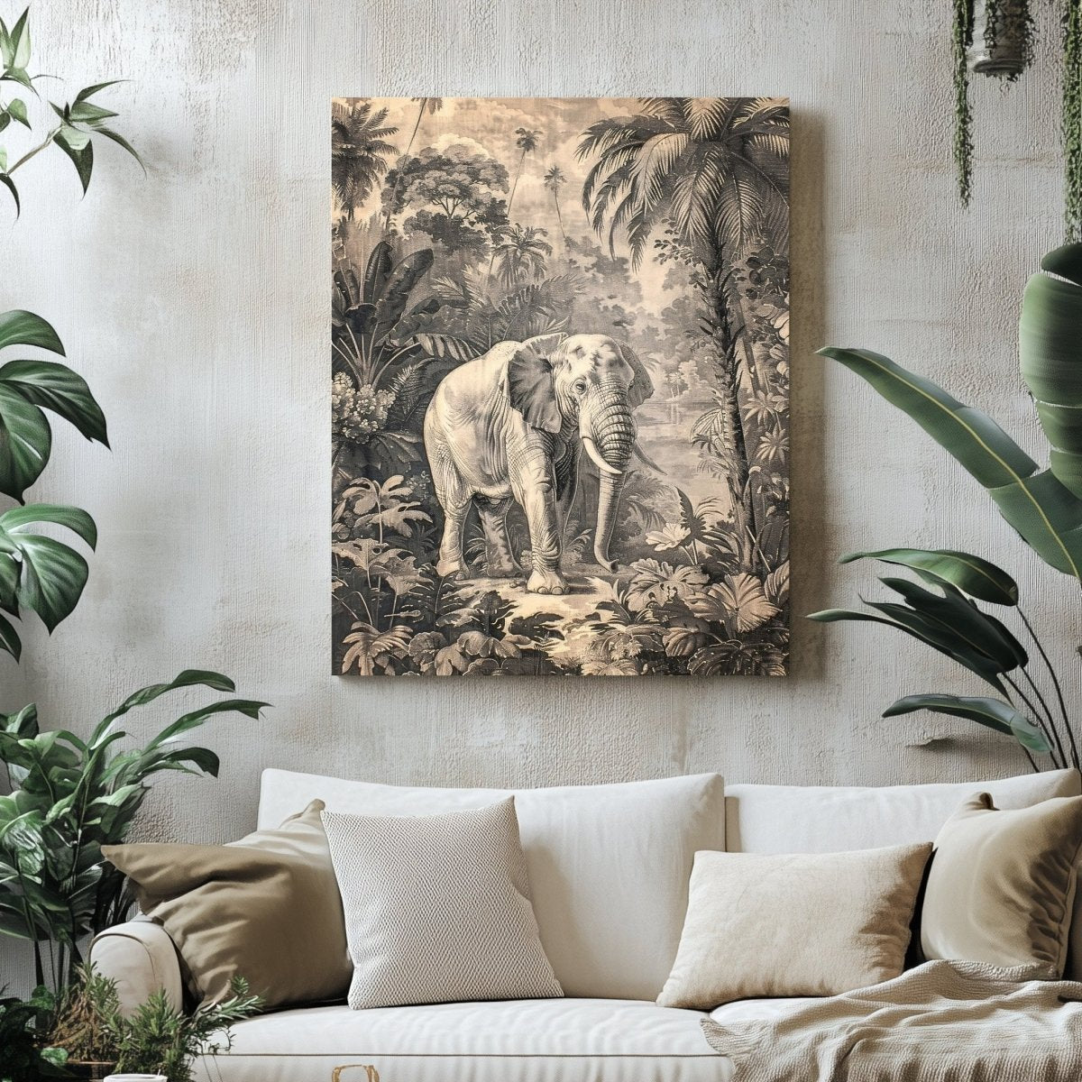 Elephant in Jungle Canvas Print - Tropical Wildlife Safari Art, Monochromatic Vintage Nature Decor - Everything Pixel