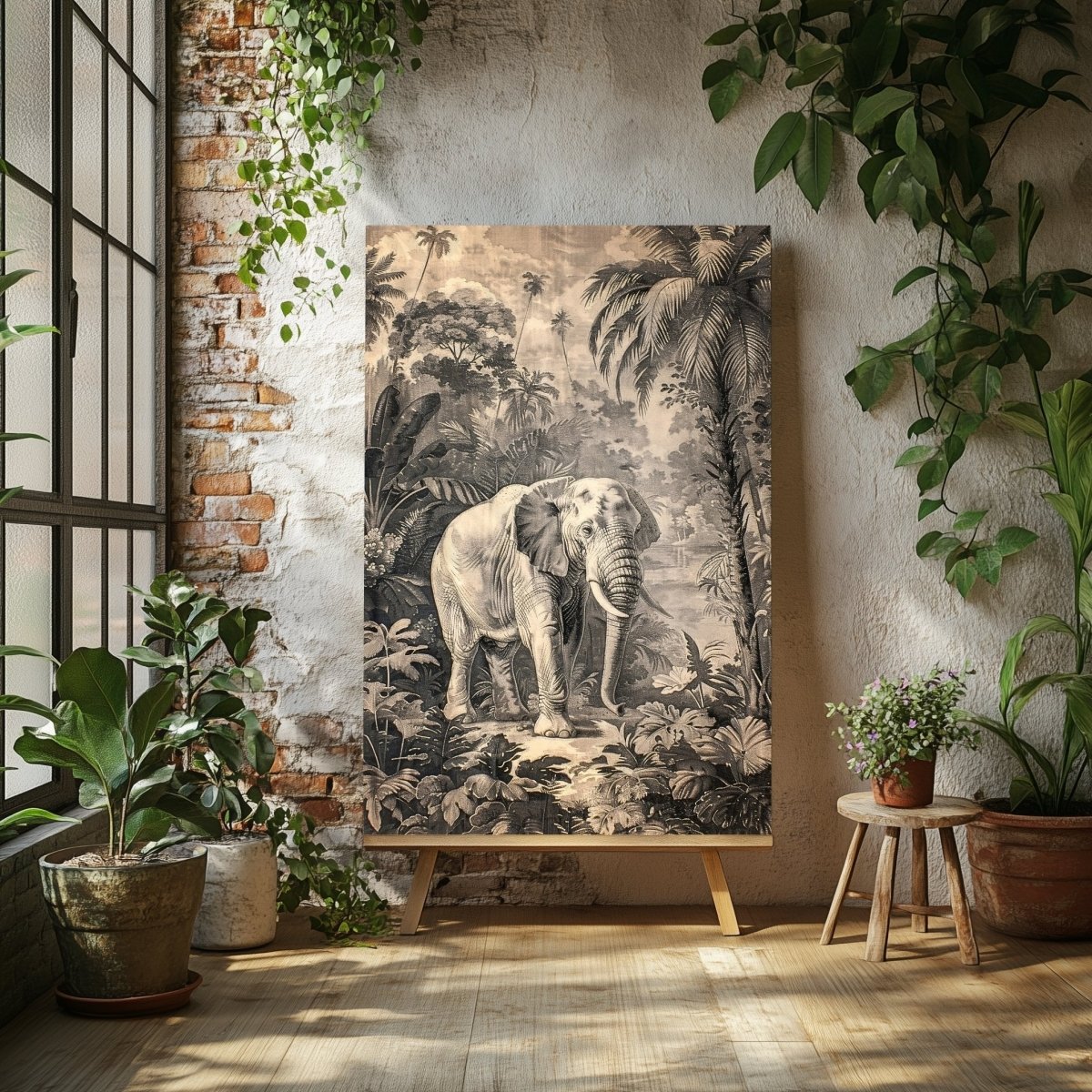 Elephant in Jungle Canvas Print - Tropical Wildlife Safari Art, Monochromatic Vintage Nature Decor - Everything Pixel