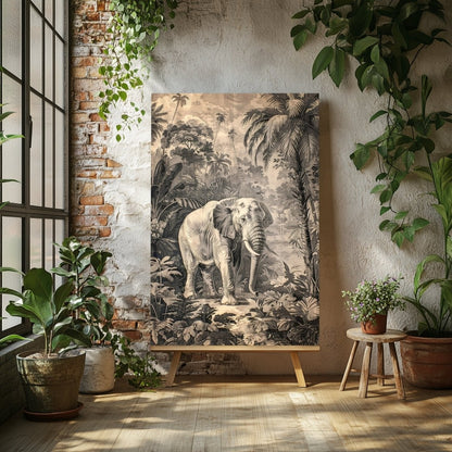 Elephant in Jungle Canvas Print - Tropical Wildlife Safari Art, Monochromatic Vintage Nature Decor - Everything Pixel