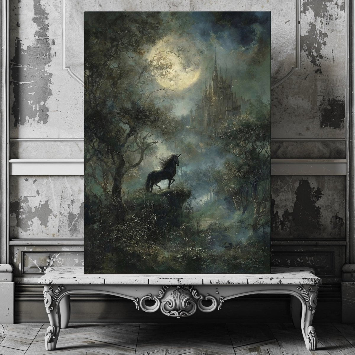 Enchanted Black Unicorn Canvas Print – Dark Academia Moonlit Castle Fantasy Forest Artwork - Everything Pixel