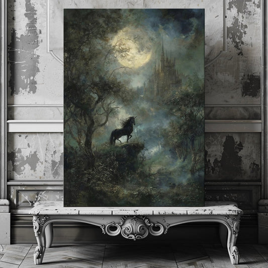 Enchanted Black Unicorn Canvas Print – Dark Academia Moonlit Castle Fantasy Forest Artwork - Everything Pixel