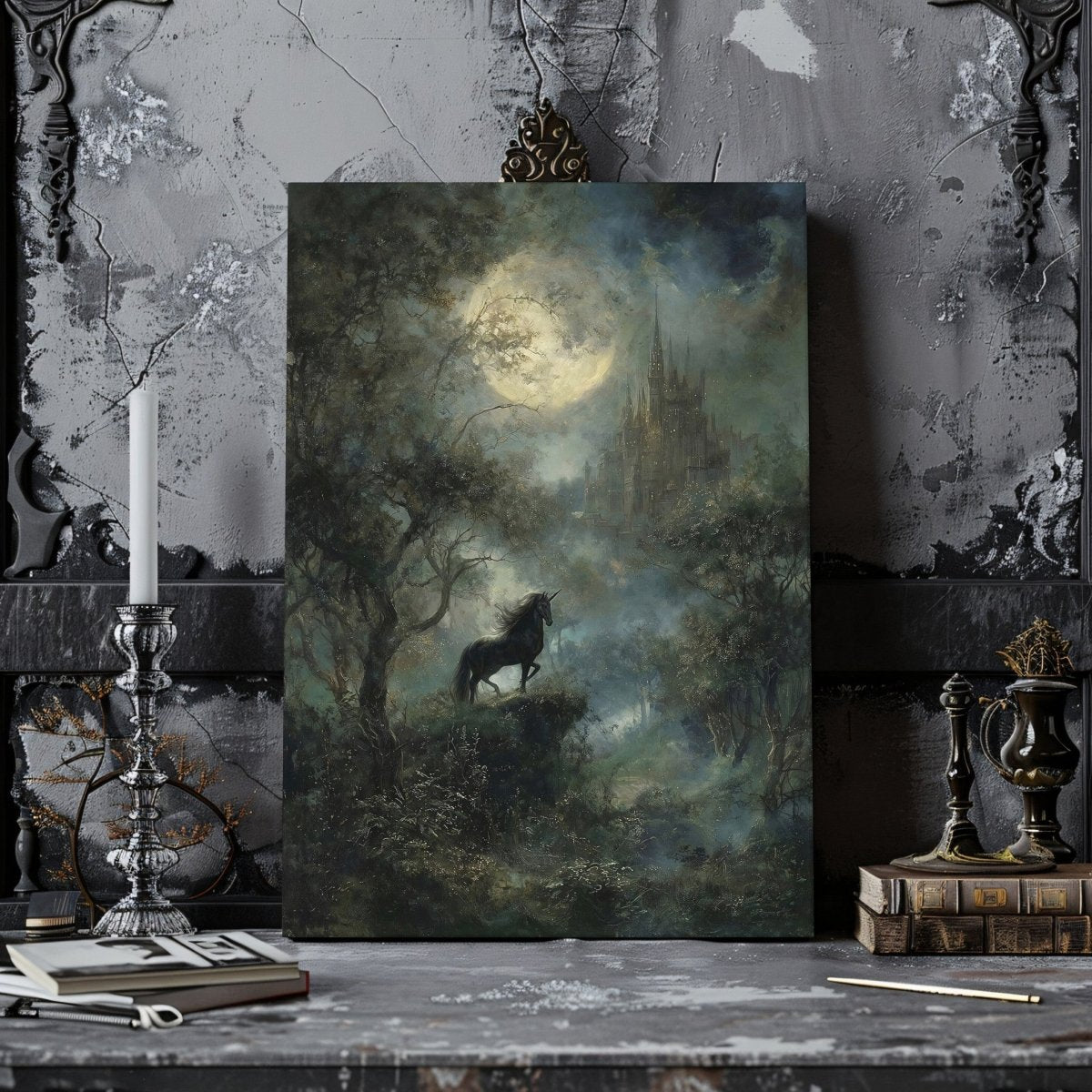 Enchanted Black Unicorn Canvas Print – Dark Academia Moonlit Castle Fantasy Forest Artwork - Everything Pixel