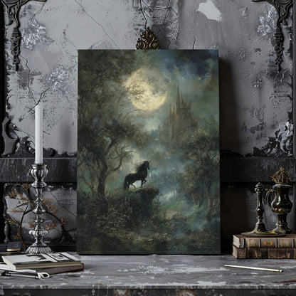 Enchanted Black Unicorn Canvas Print – Dark Academia Moonlit Castle Fantasy Forest Artwork - Everything Pixel