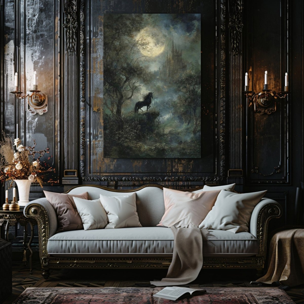 Enchanted Black Unicorn Canvas Print – Dark Academia Moonlit Castle Fantasy Forest Artwork - Everything Pixel