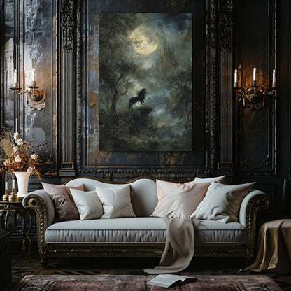 Enchanted Black Unicorn Canvas Print – Dark Academia Moonlit Castle Fantasy Forest Artwork - Everything Pixel