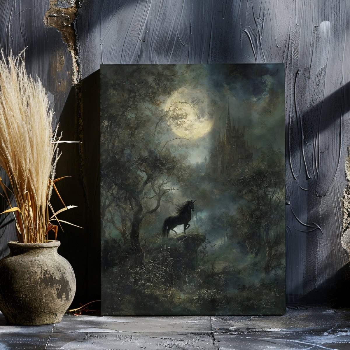 Enchanted Black Unicorn Canvas Print – Dark Academia Moonlit Castle Fantasy Forest Artwork - Everything Pixel