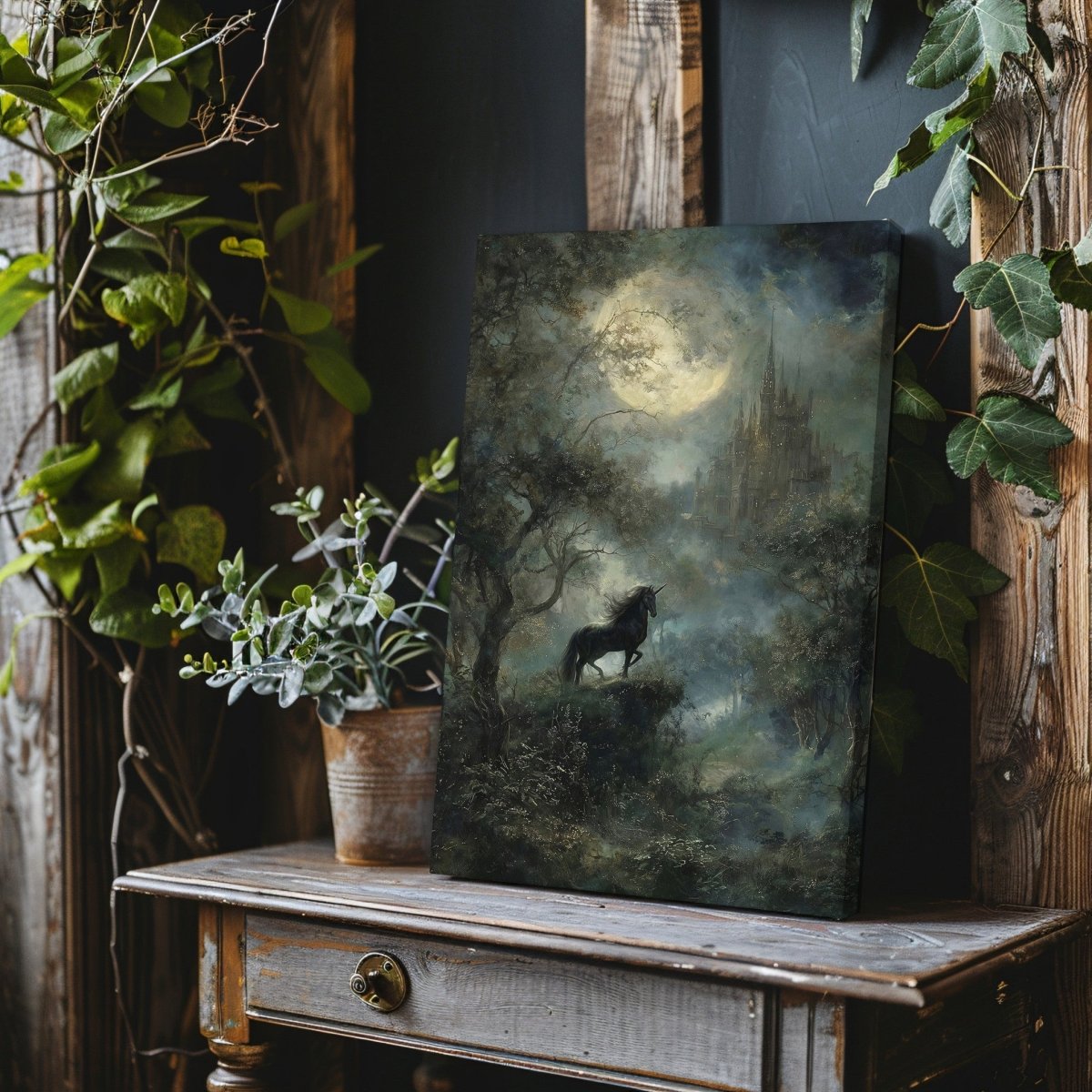 Enchanted Black Unicorn Canvas Print – Dark Academia Moonlit Castle Fantasy Forest Artwork - Everything Pixel