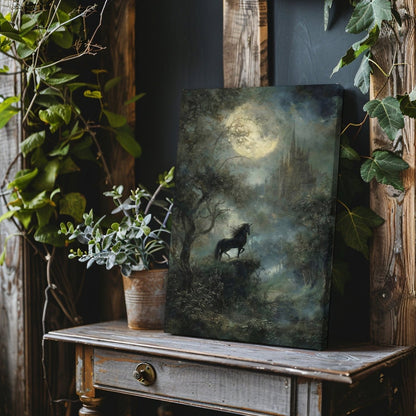 Enchanted Black Unicorn Canvas Print – Dark Academia Moonlit Castle Fantasy Forest Artwork - Everything Pixel