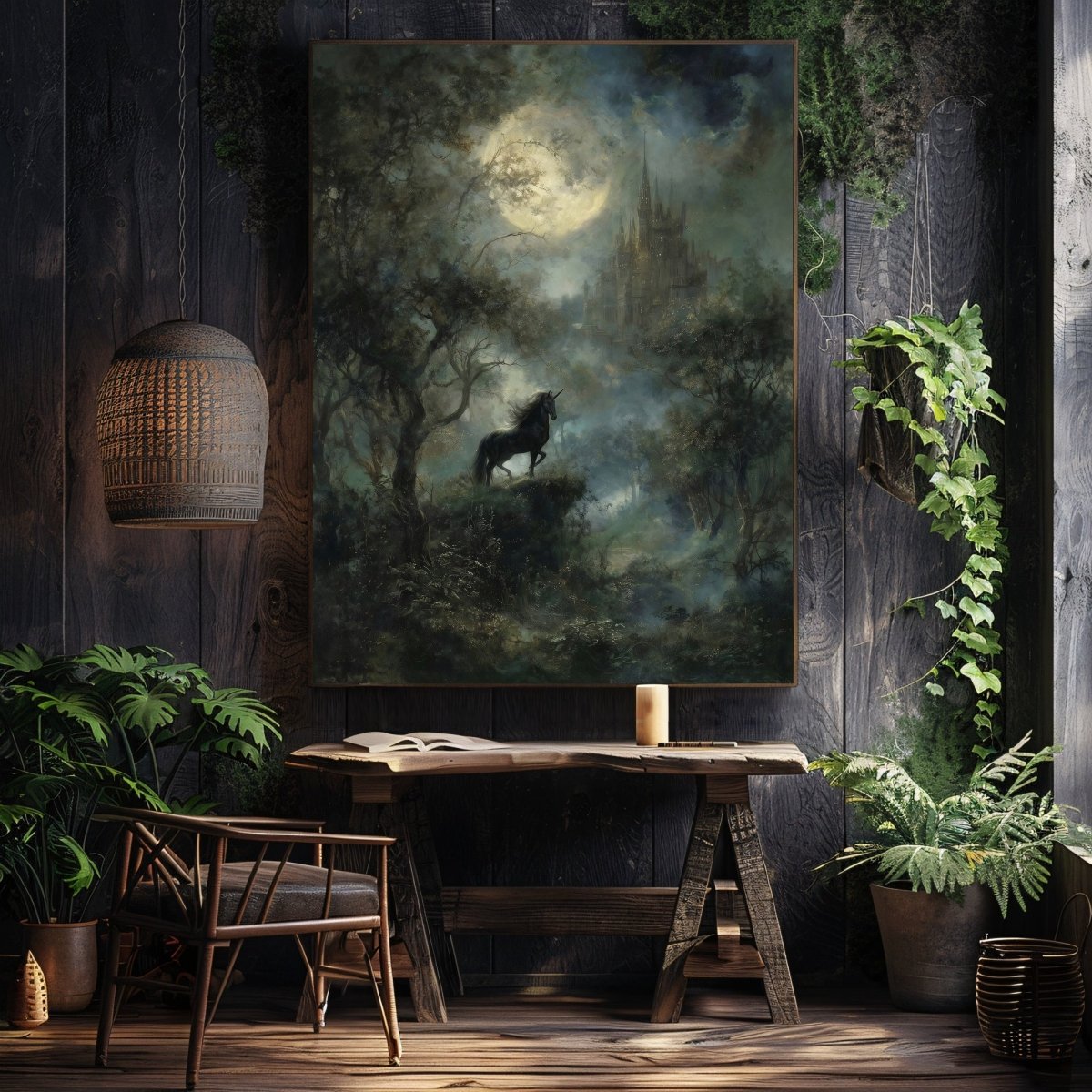 Enchanted Black Unicorn Canvas Print – Dark Academia Moonlit Castle Fantasy Forest Artwork - Everything Pixel
