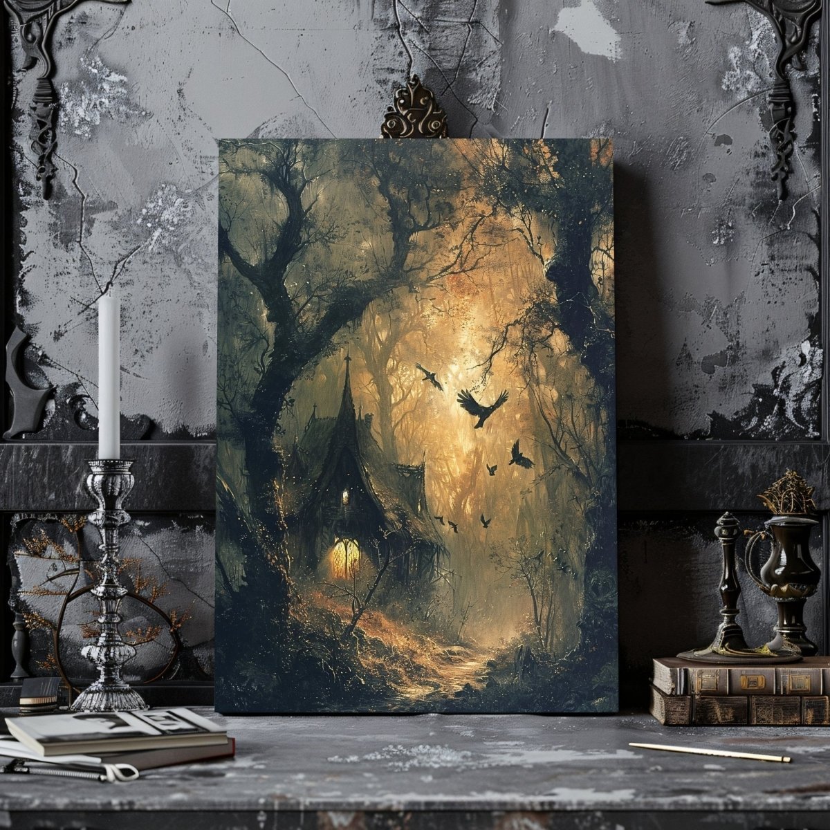 Enchanted Forest Witch Cottage Canvas Print - Dark Fairytale Art - Everything Pixel