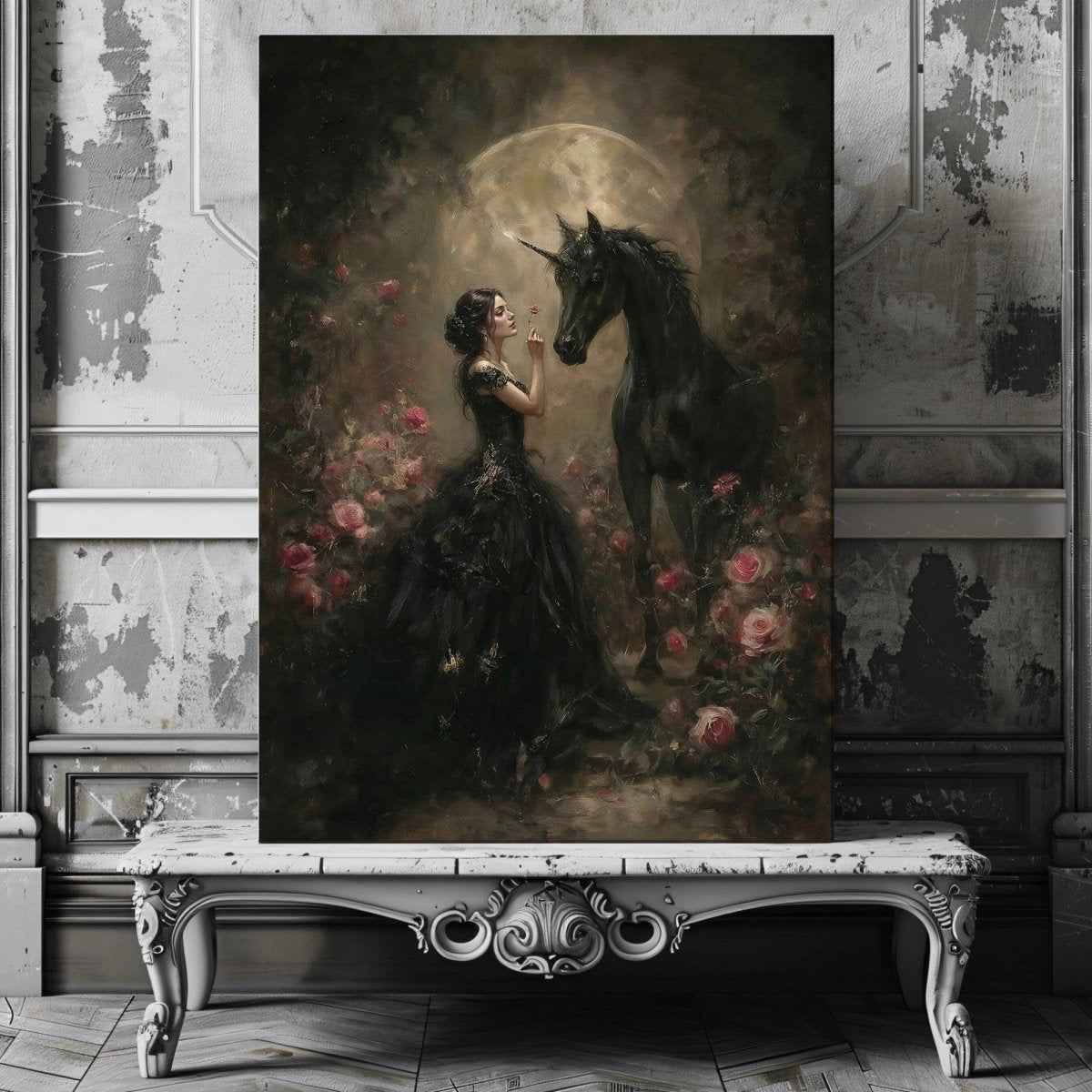 Enchanted Gothic Unicorn Canvas Print – Dark Maiden Moonlit Fantasy Roses Artwork - Everything Pixel