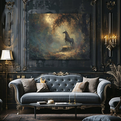 Enchanted Unicorn Canvas Print – Glowing Golden Forest Fantasy Artwork for Moody Magical Interiors - Everything Pixel