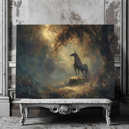 Enchanted Unicorn Canvas Print – Glowing Golden Forest Fantasy Artwork for Moody Magical Interiors - Everything Pixel