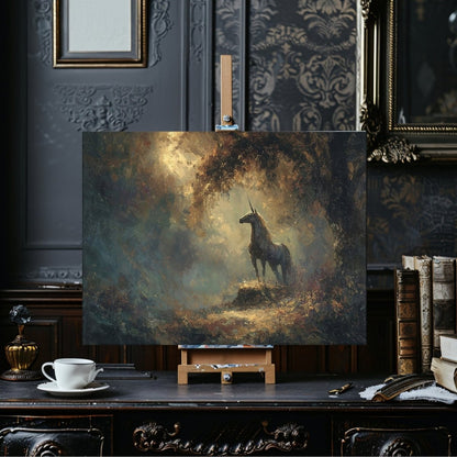 Enchanted Unicorn Canvas Print – Glowing Golden Forest Fantasy Artwork for Moody Magical Interiors - Everything Pixel