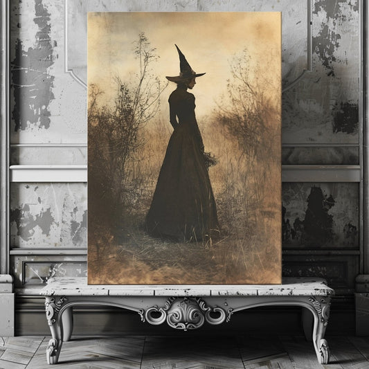 Enchanted Witch Canvas Print - Sepia Gothic with Bare Branches in Misty Scene - Everything Pixel