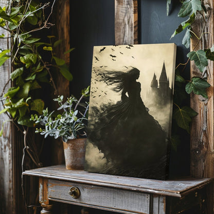 Enchanted Witch Overlooking Misty Gothic Castle Canvas Art Print - Everything Pixel