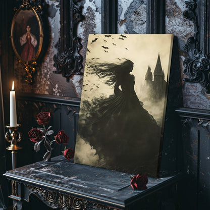 Enchanted Witch Overlooking Misty Gothic Castle Canvas Art Print - Everything Pixel