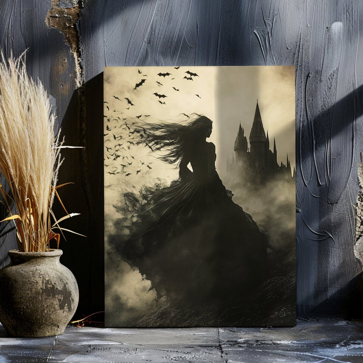 Enchanted Witch Overlooking Misty Gothic Castle Canvas Art Print - Everything Pixel