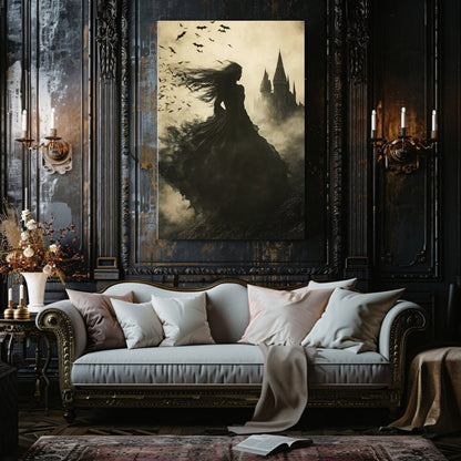 Enchanted Witch Overlooking Misty Gothic Castle Canvas Art Print - Everything Pixel