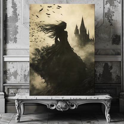 Enchanted Witch Overlooking Misty Gothic Castle Canvas Art Print - Everything Pixel