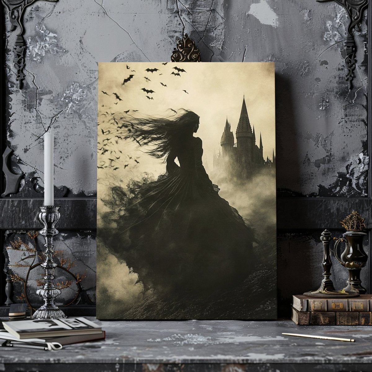 Enchanted Witch Overlooking Misty Gothic Castle Canvas Art Print - Everything Pixel