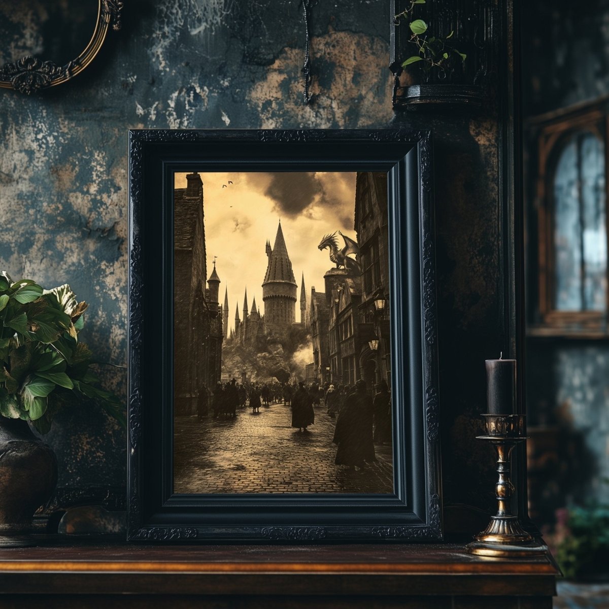 Enchanted Wizard School Street Wall Art Print - Sepia Fantasy with Dragon - Everything Pixel