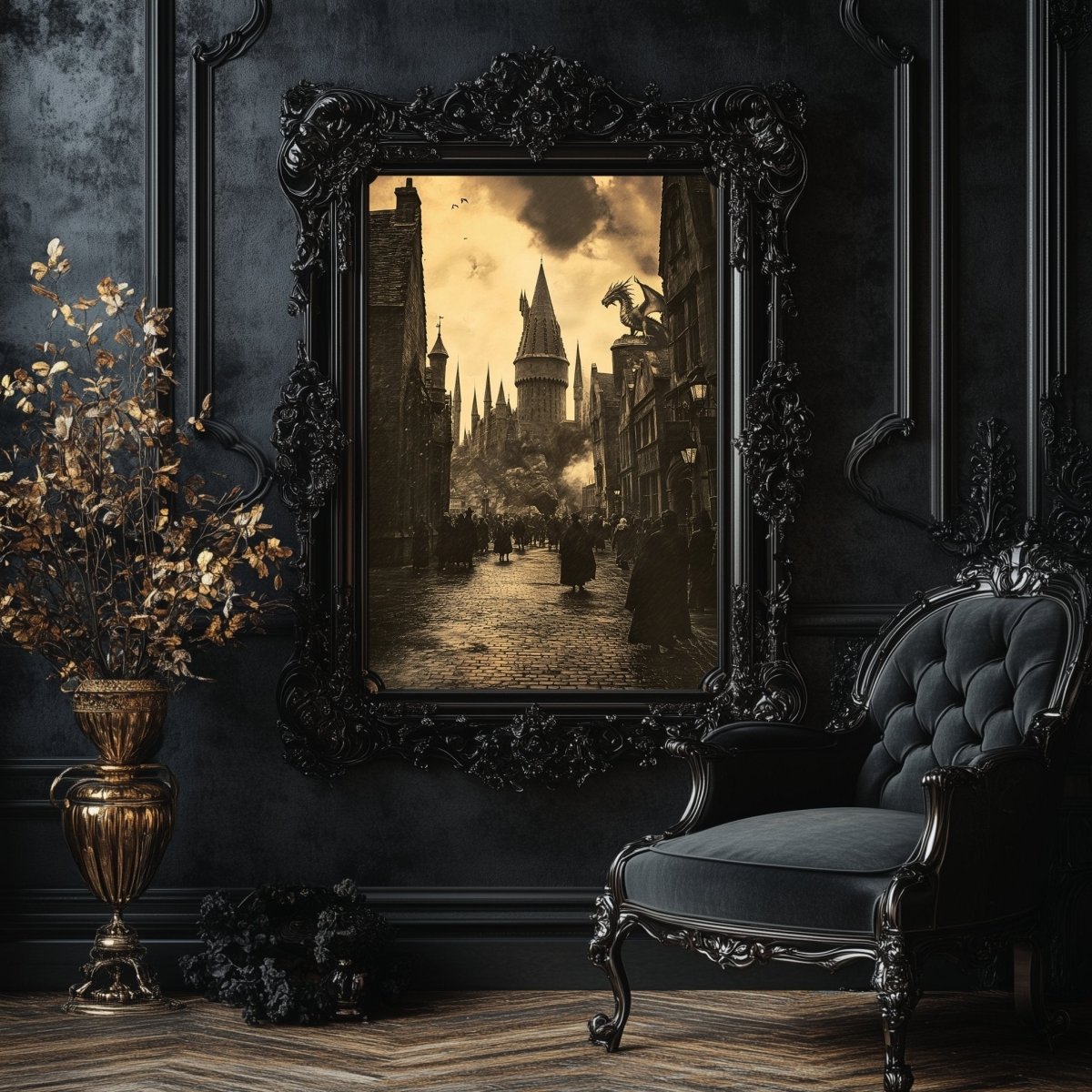 Enchanted Wizard School Street Wall Art Print - Sepia Fantasy with Dragon - Everything Pixel