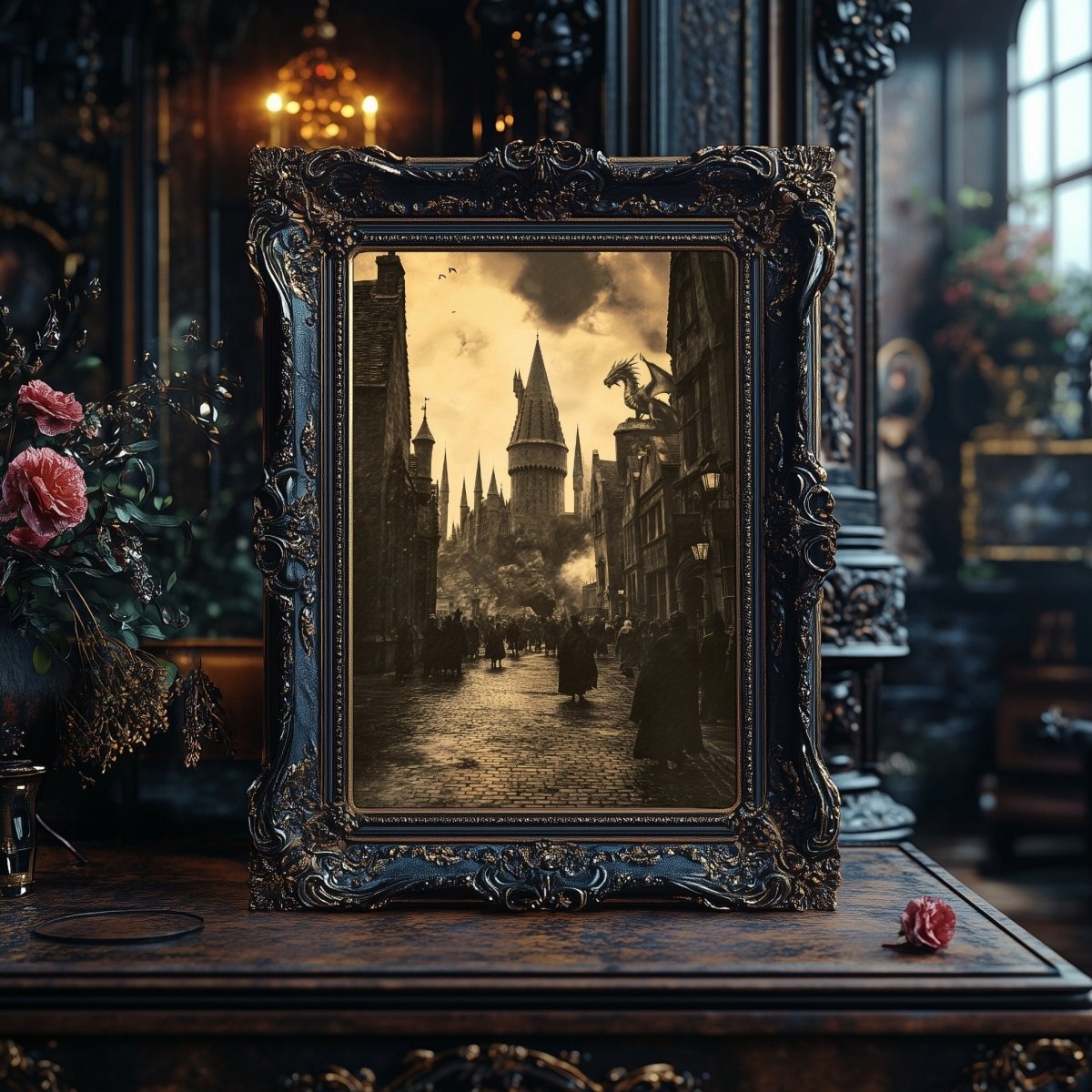 Enchanted Wizard School Street Wall Art Print - Sepia Fantasy with Dragon - Everything Pixel